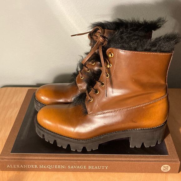 Prada Tobacco Burnished Leather Fur Combat Boot Orig $1400 Sz 38 / 7.5 8~ Mint - Picture 4 of 12
